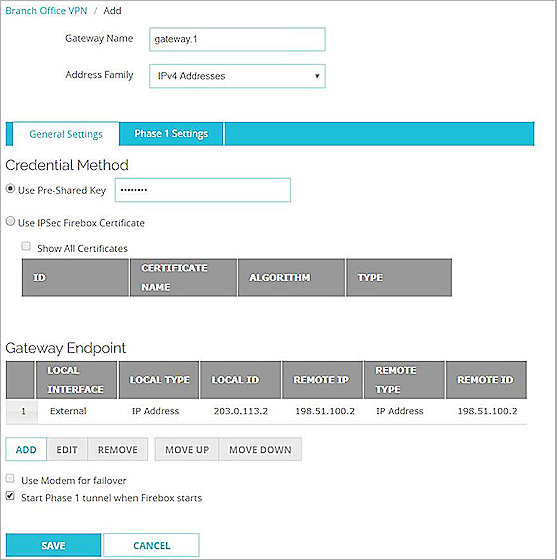 Screenshot of the Branch Office VPN settings